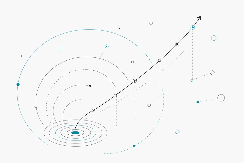 Technical line drawing of an upward growth curve rising out of a circular target, surrounded by measurement arcs